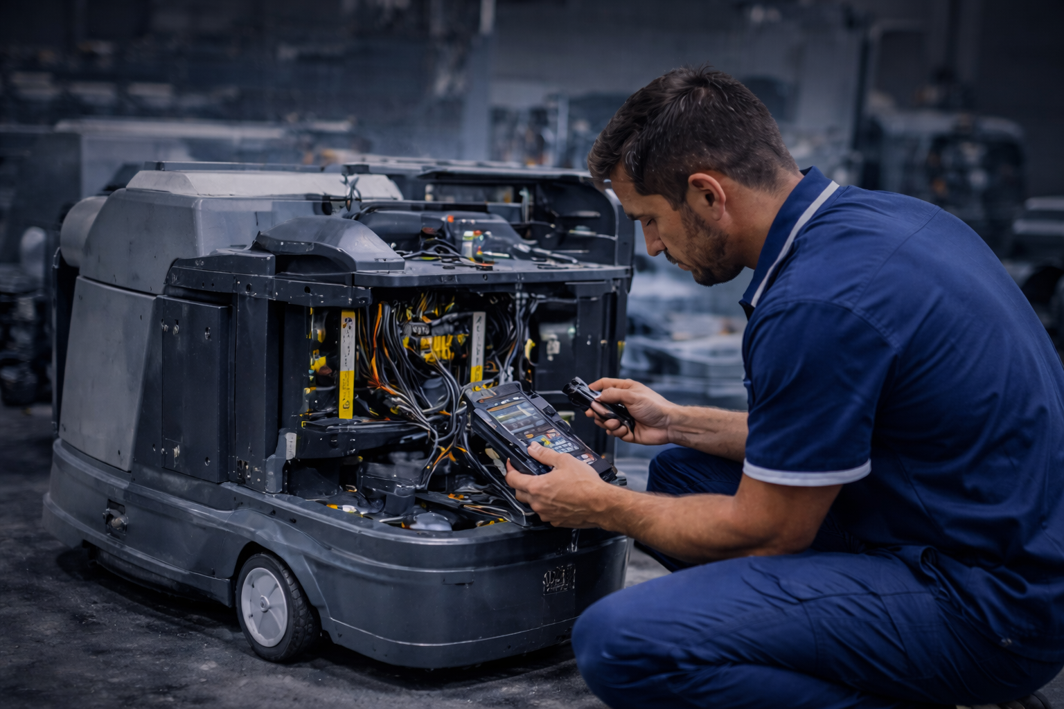 Técnico reparando una fregadora industrial
