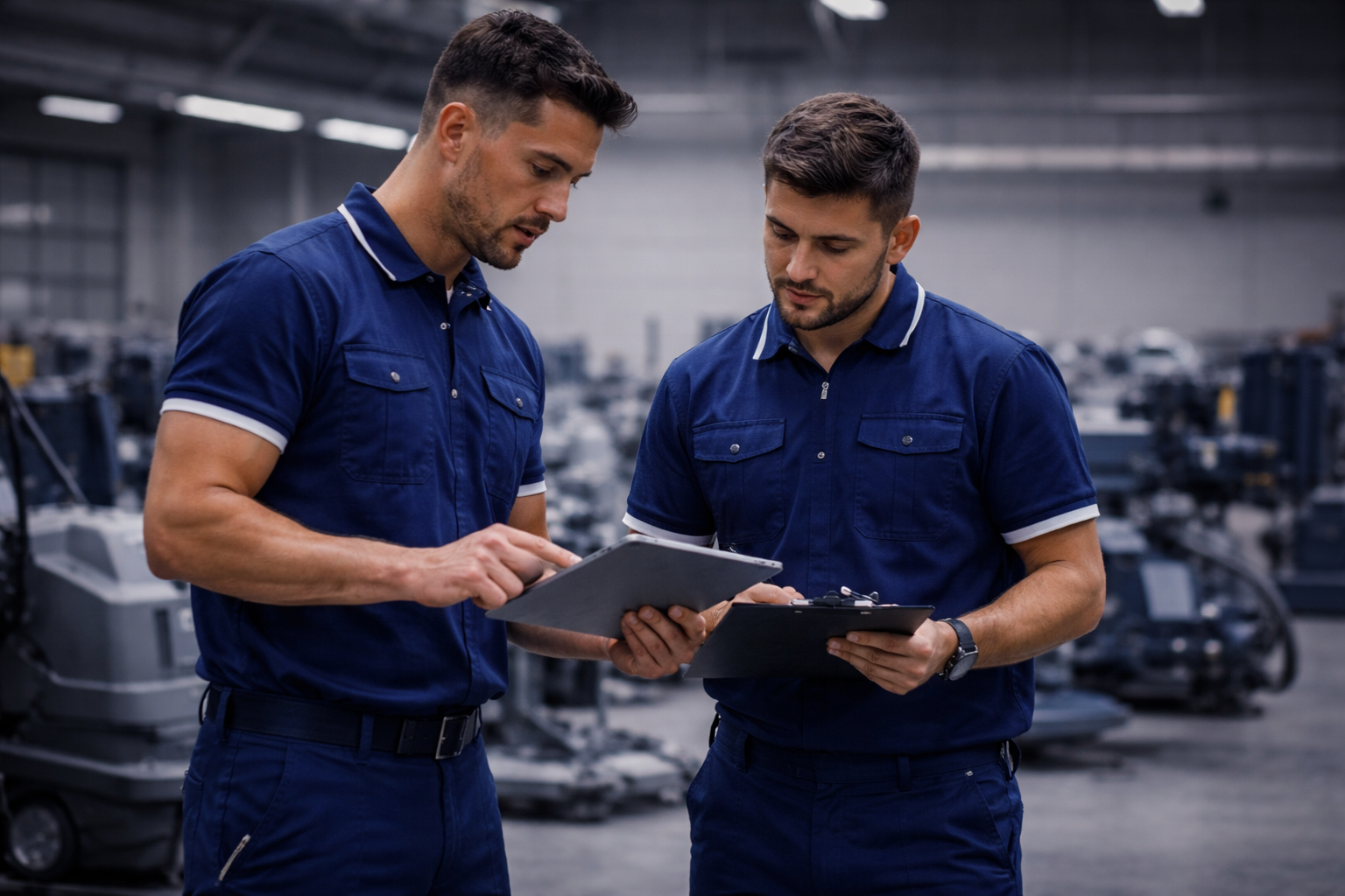 Técnicos discutiendo en taller industrial